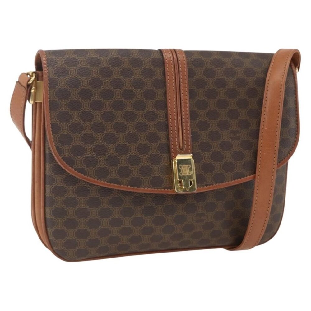 Authentic CELINE Macadam Canvas Shoulder Bag PVC Leather Brown Gold